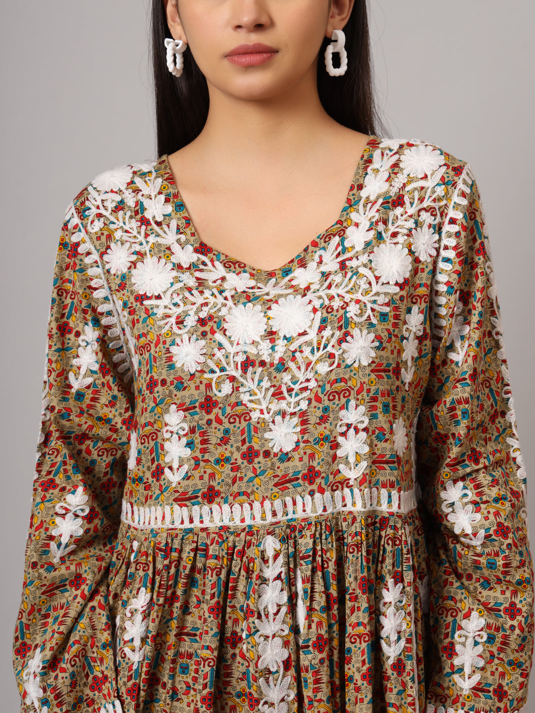Hand Embroidered Lucknowi Chikankari  Printed Mulmul Cotton Jalabiya-AL3936