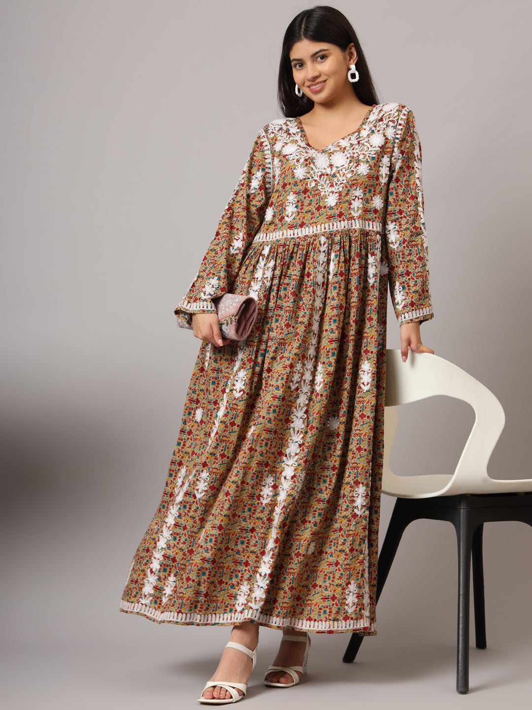 Hand Embroidered Lucknowi Chikankari  Printed Mulmul Cotton Jalabiya-AL3936