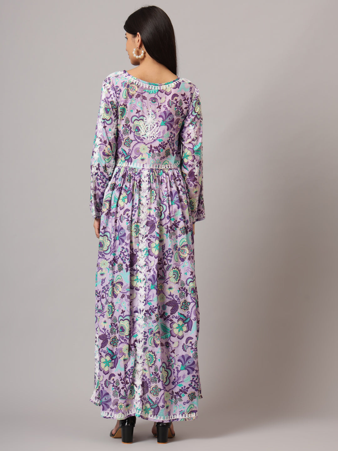 Hand Embroidered Lucknowi Chikankari  Printed Mulmul Cotton Jalabiya-AL3936 Mauve & Blue