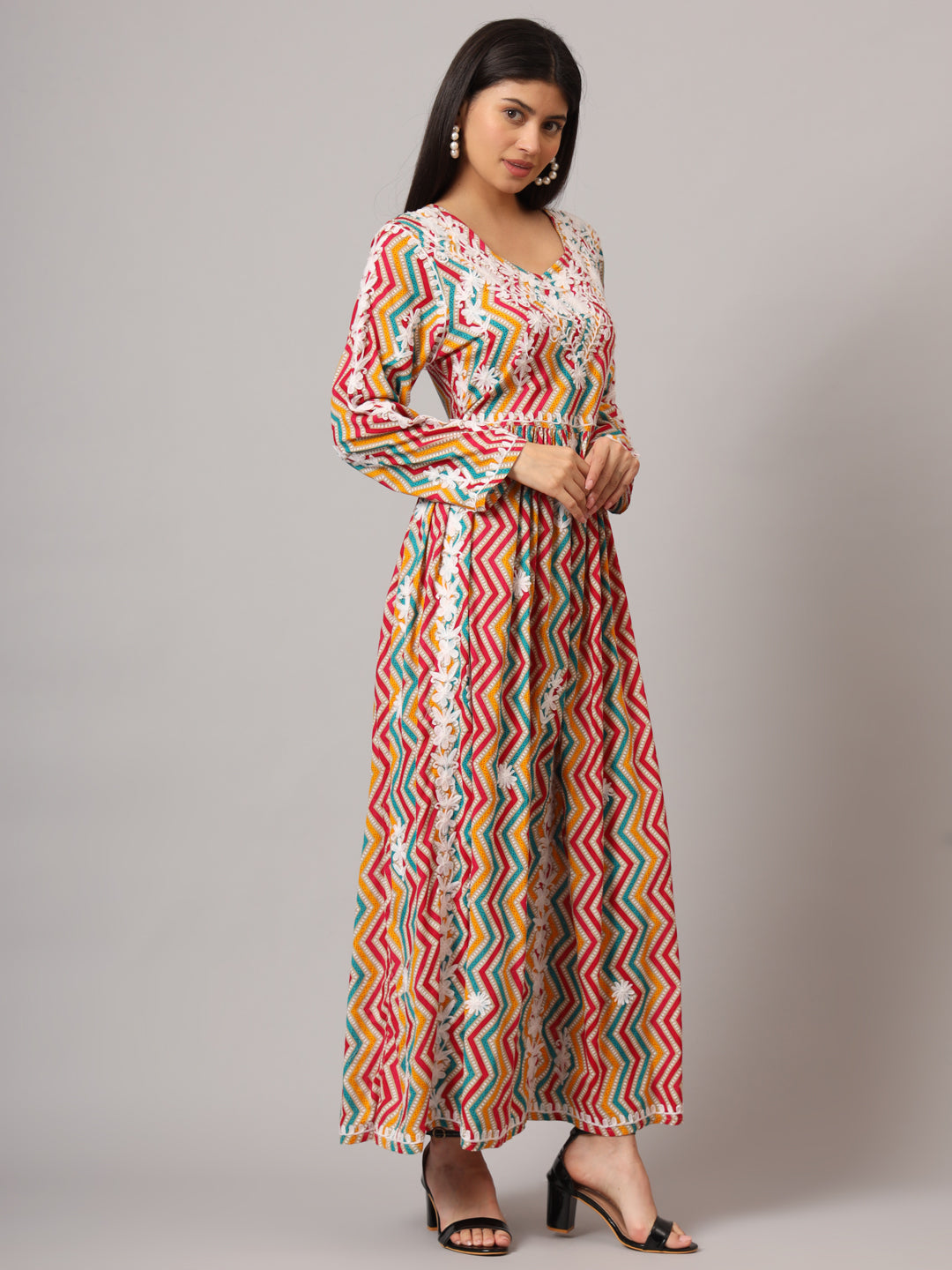 Hand Embroidered Lucknowi Chikankari  Printed Mulmul Cotton Jalabiya-AL3936 Mustard & Pink