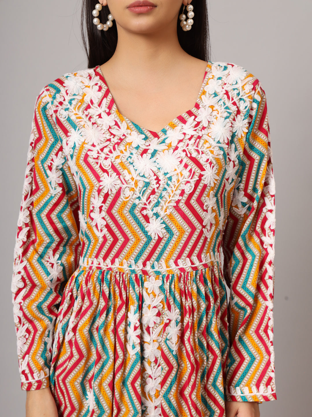 Hand Embroidered Lucknowi Chikankari  Printed Mulmul Cotton Jalabiya-AL3936 Mustard & Pink