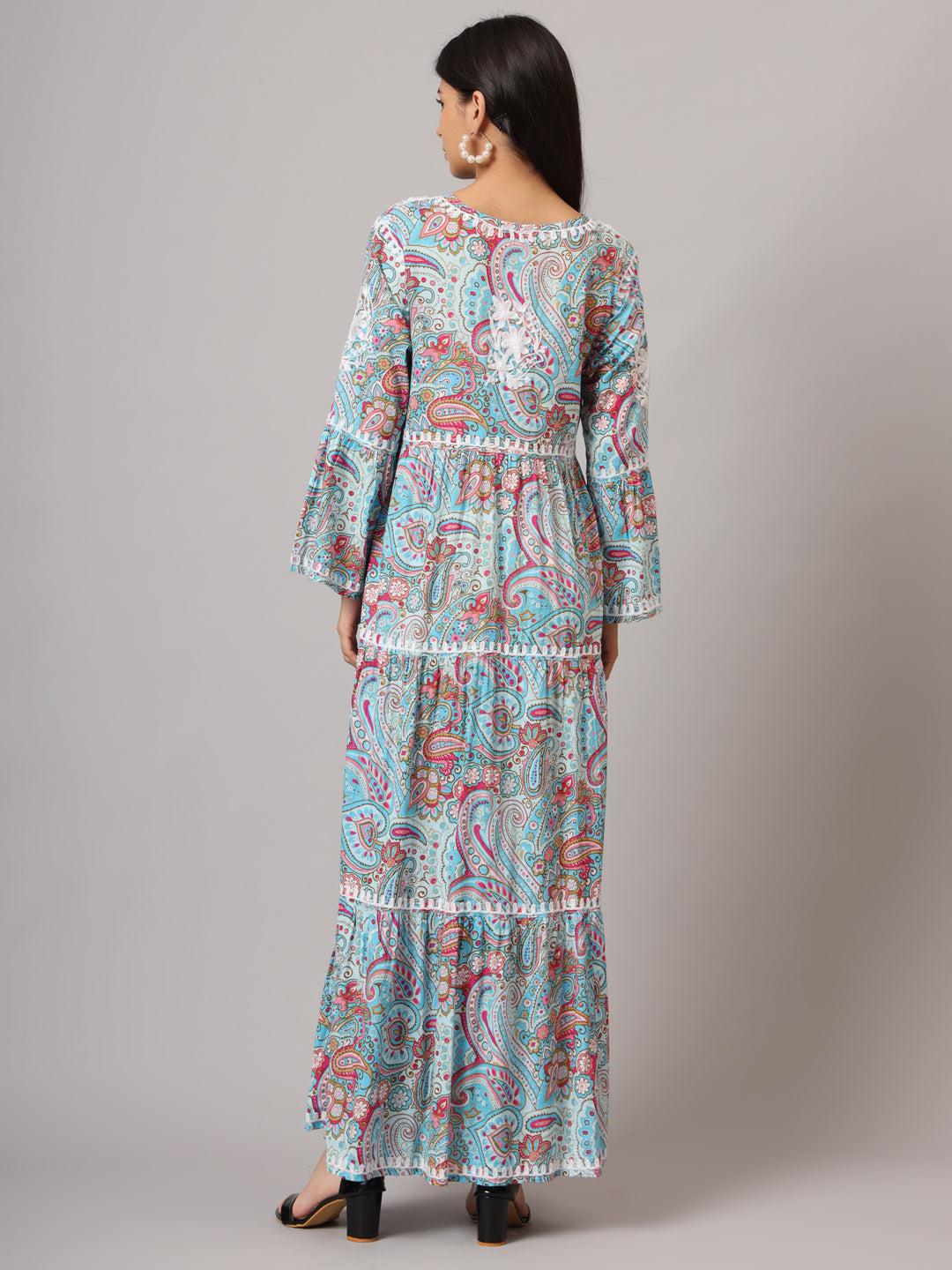 Hand Embroidered Chikankari A-Line Gathering Pattern Mulmul Cotton Jalabiya-AL3673 Grey & Red