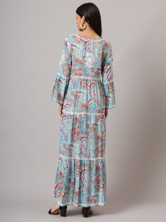 Hand Embroidered Chikankari A-Line Gathering Pattern Mulmul Cotton Jalabiya-AL3673 Grey & Red