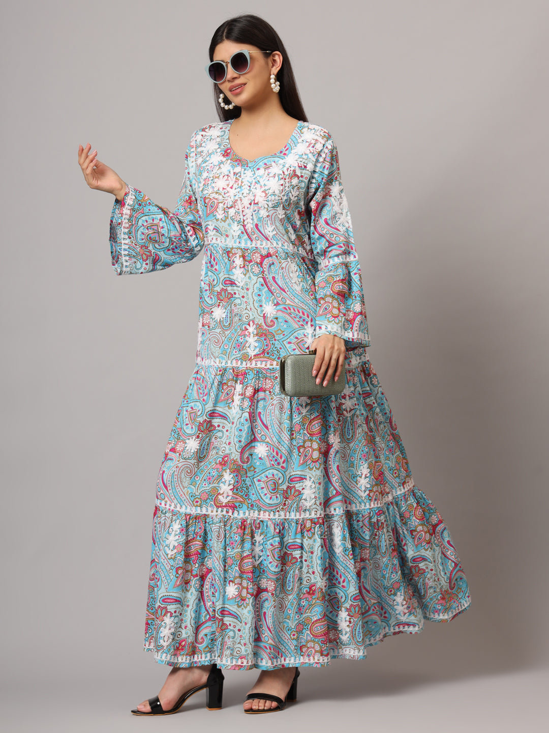 Hand Embroidered Chikankari A-Line Gathering Pattern Mulmul Cotton Jalabiya-AL3673