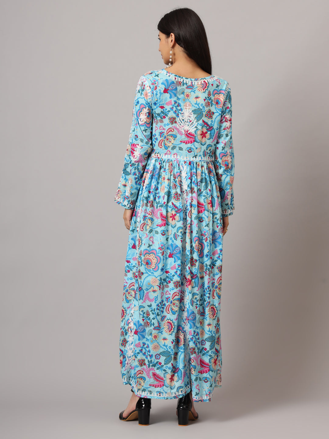 Hand Embroidered Lucknowi Chikankari  Printed Mulmul Cotton Jalabiya-AL3936 Blue