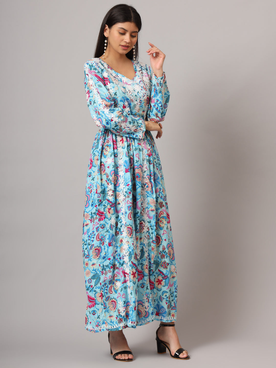 Hand Embroidered Lucknowi Chikankari  Printed Mulmul Cotton Jalabiya-AL3936 Blue