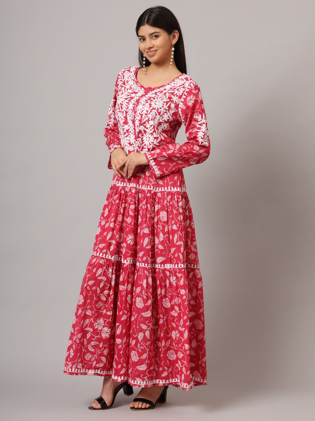 Hand Embroidered Lucknowi Chikankari  Printed Mulmul Cotton Jalabiya-AL3698