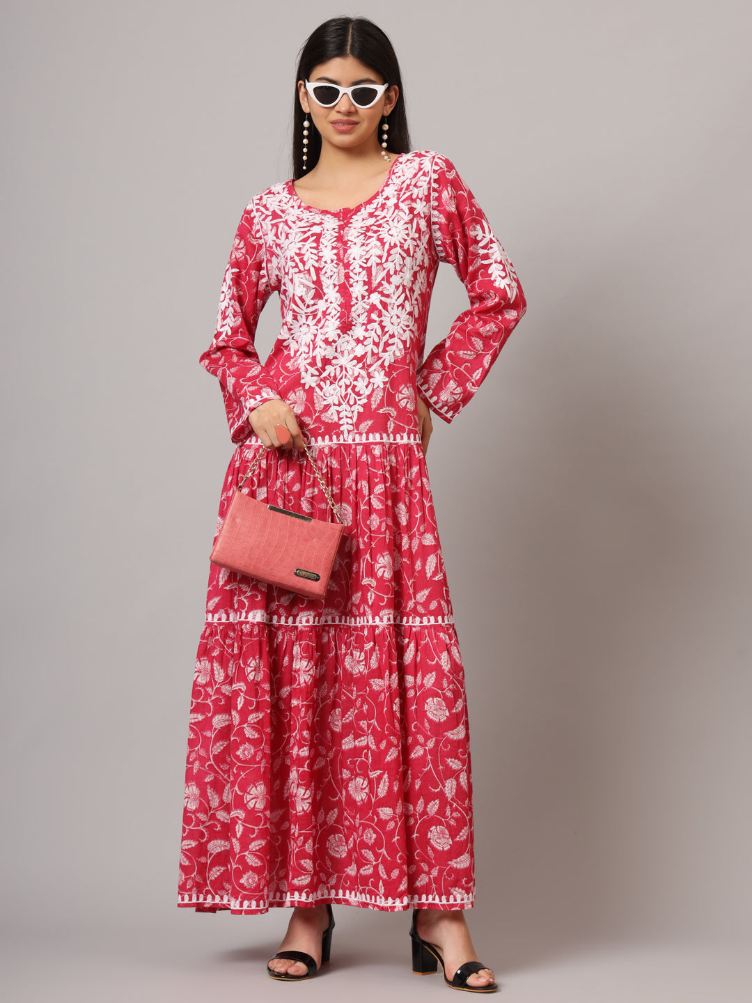 Hand Embroidered Lucknowi Chikankari  Printed Mulmul Cotton Jalabiya-AL3698