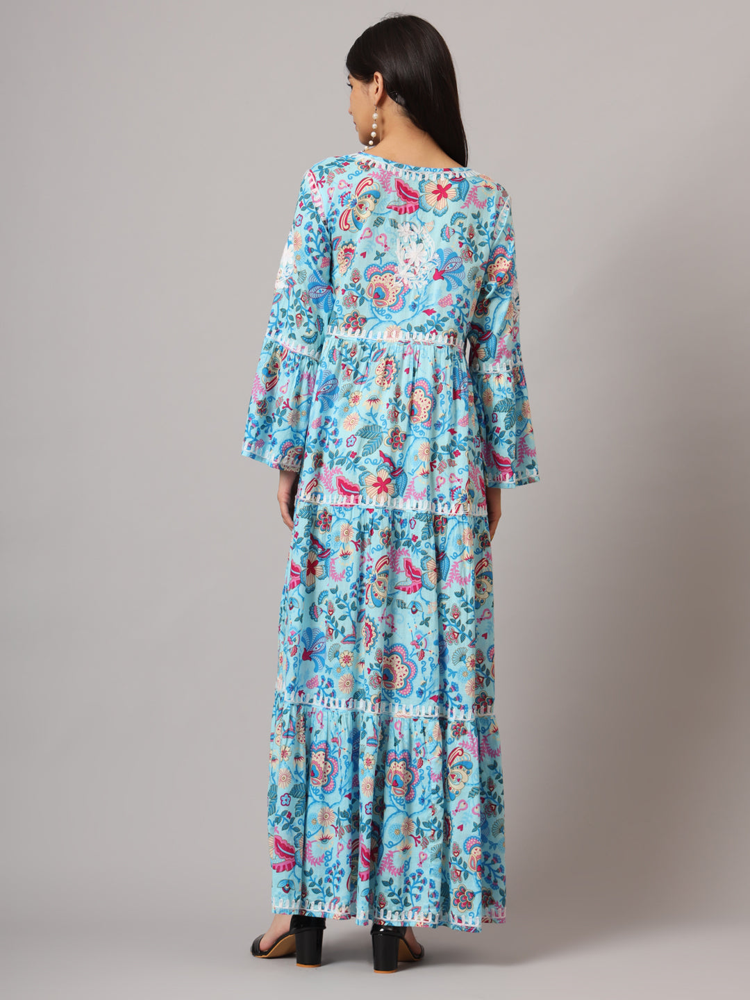 Hand Embroidered Chikankari A-Line Gathering Pattern Mulmul Cotton Jalabiya-AL3673 Blue & Pink