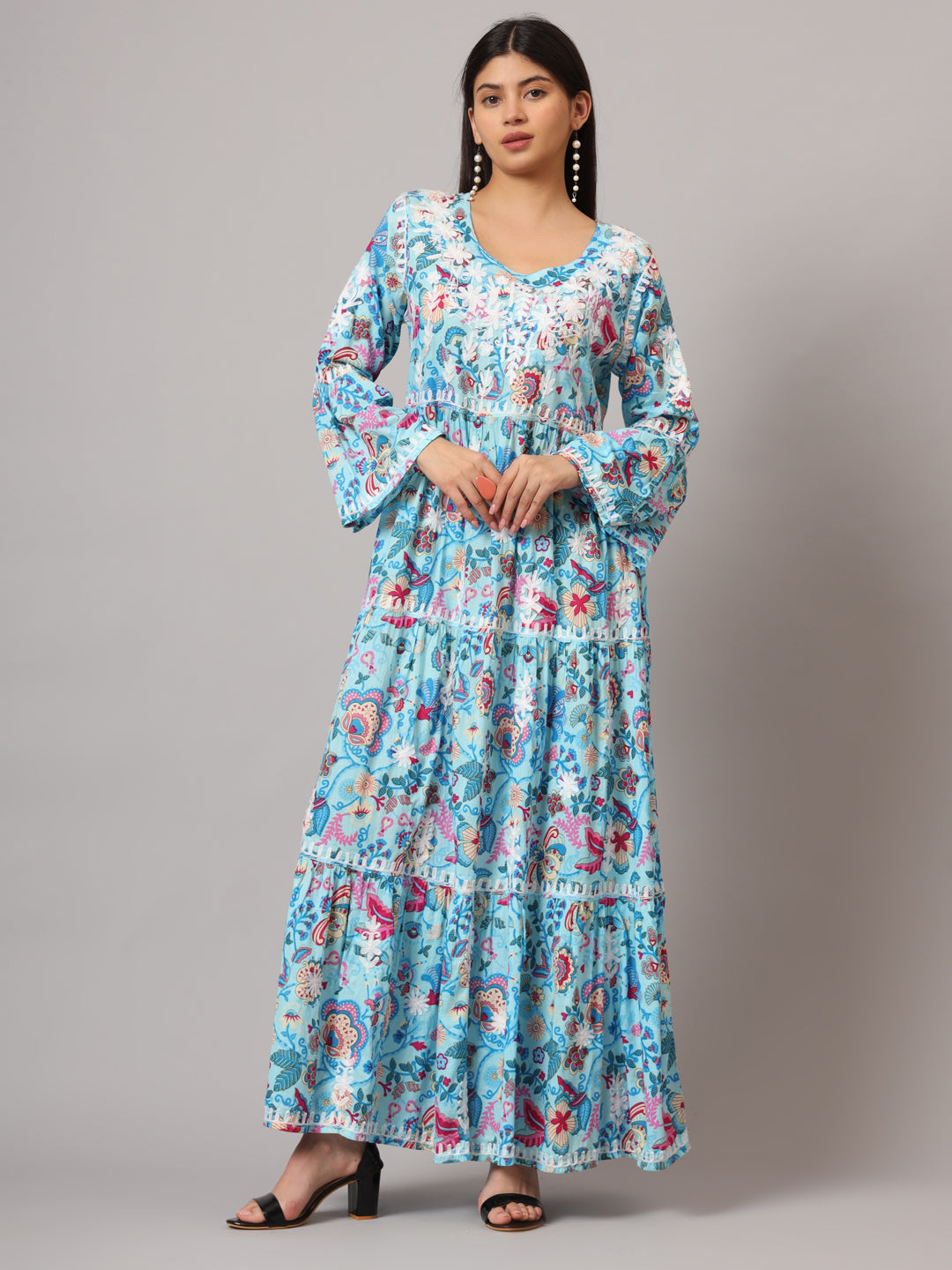 Hand Embroidered Chikankari A-Line Gathering Pattern Mulmul Cotton Jalabiya-AL3673