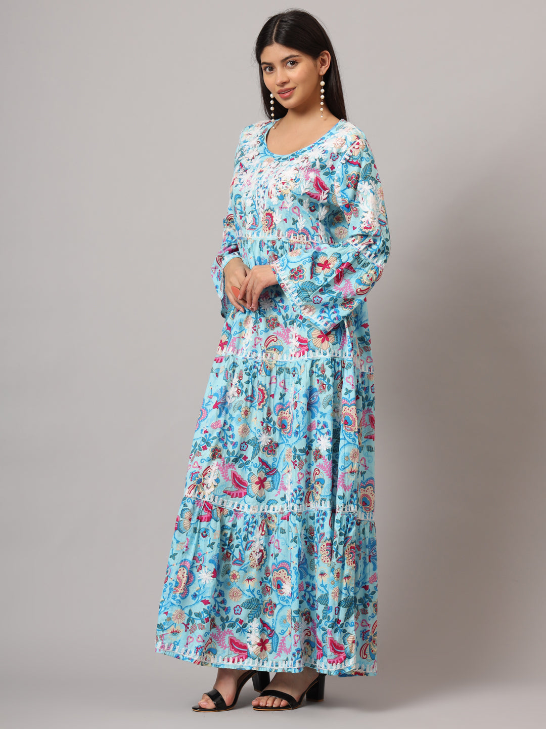 Hand Embroidered Chikankari A-Line Gathering Pattern Mulmul Cotton Jalabiya-AL3673 Blue & Pink