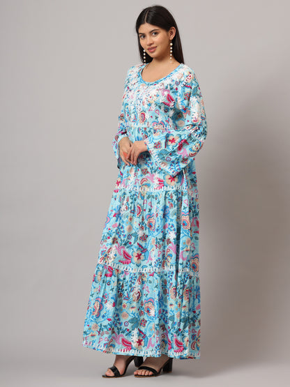 Hand Embroidered Chikankari A-Line Gathering Pattern Mulmul Cotton Jalabiya-AL3673