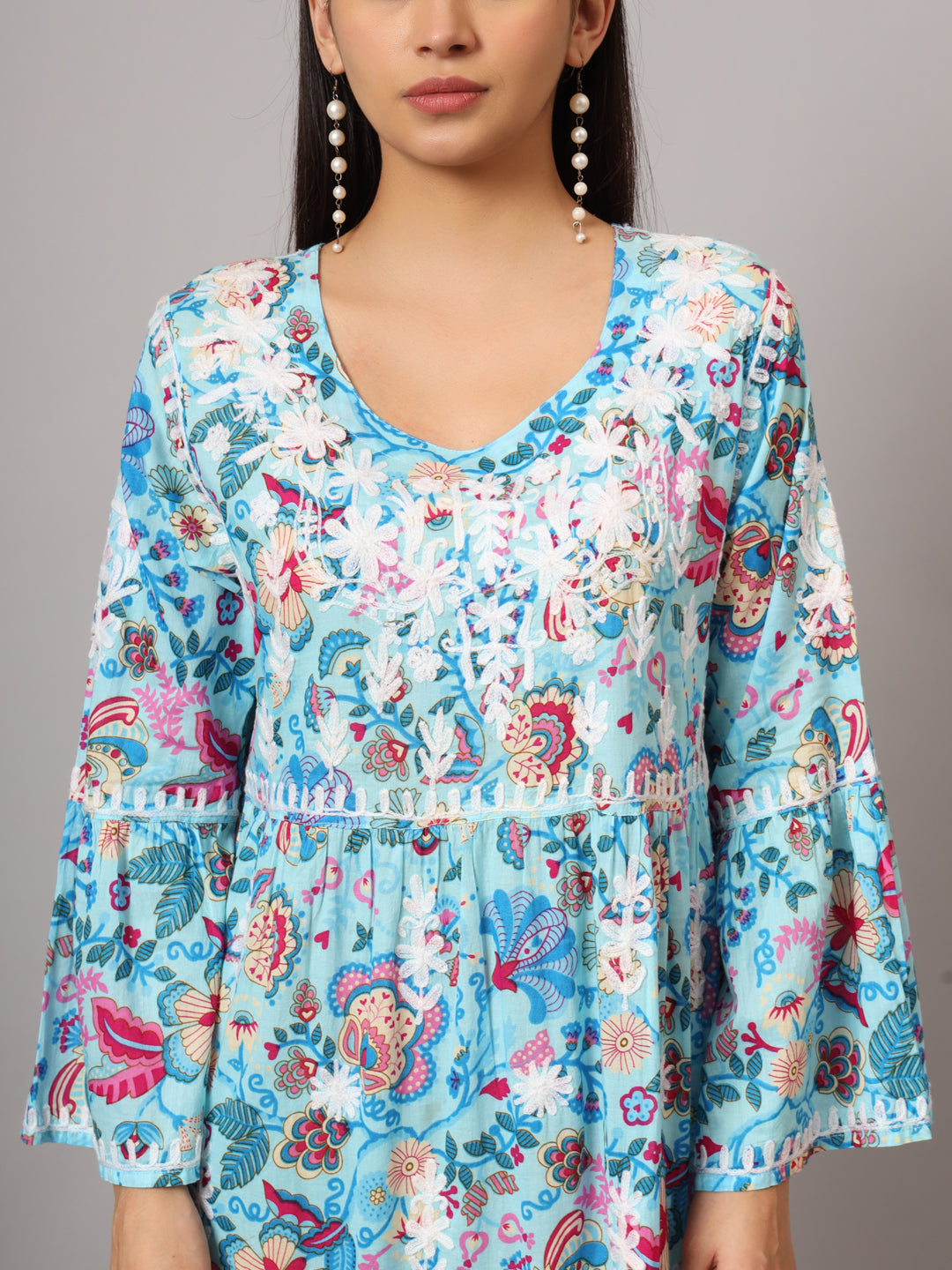 Hand Embroidered Chikankari A-Line Gathering Pattern Mulmul Cotton Jalabiya-AL3673 Blue & Pink