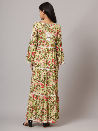 Hand Embroidered Chikankari A-Line Gathering Pattern Mulmul Cotton Jalabiya-AL3673