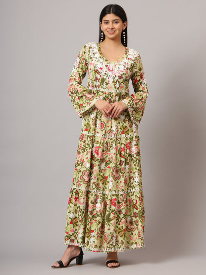 Hand Embroidered Chikankari A-Line Gathering Pattern Mulmul Cotton Jalabiya-AL3673