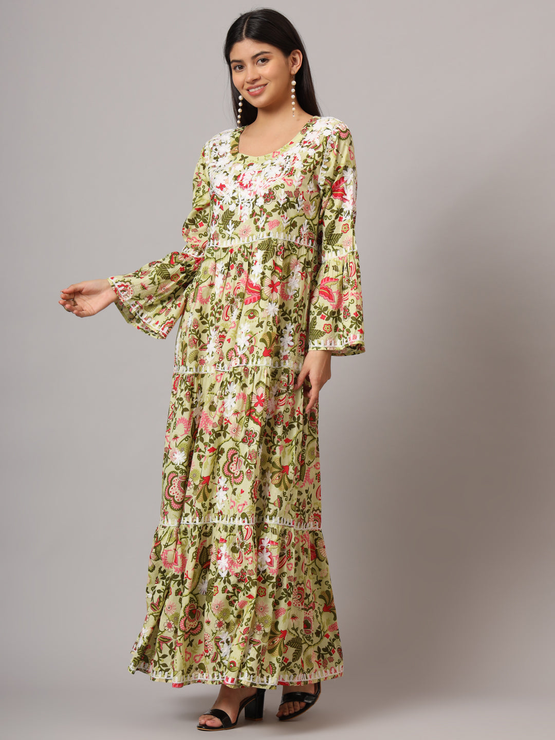 Hand Embroidered Chikankari A-Line Gathering Pattern Mulmul Cotton Jalabiya-AL3673