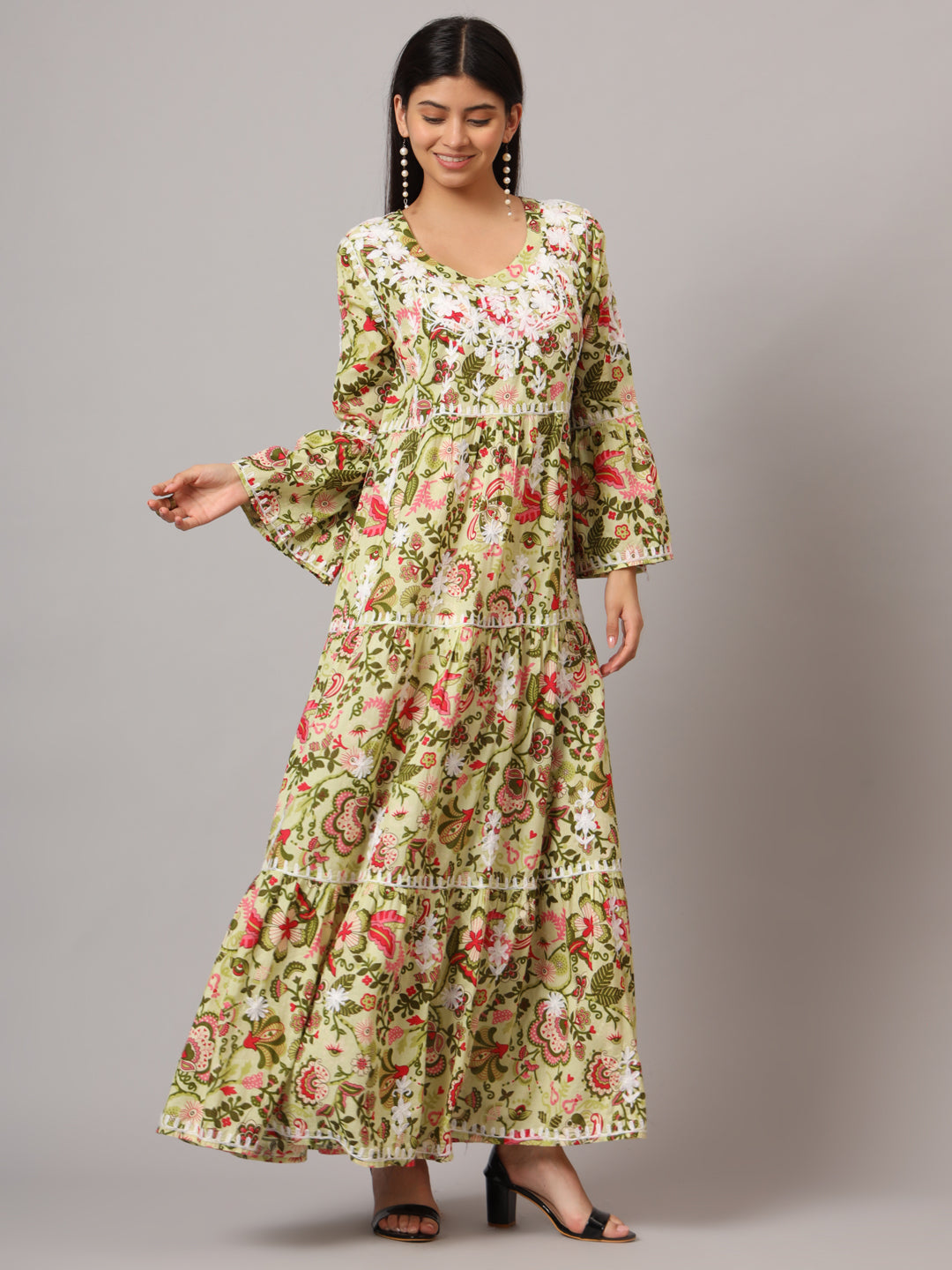 Hand Embroidered Chikankari A-Line Gathering Pattern Mulmul Cotton Jalabiya-AL3673 Yellow & Pink