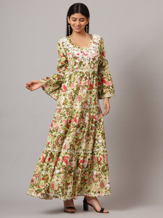 Hand Embroidered Chikankari A-Line Gathering Pattern Mulmul Cotton Jalabiya-AL3673 Yellow & Pink