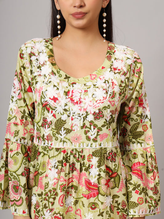 Hand Embroidered Chikankari A-Line Gathering Pattern Mulmul Cotton Jalabiya-AL3673 Yellow & Pink