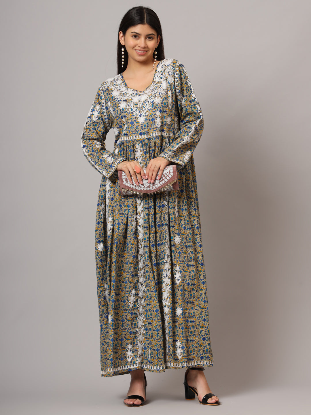 Hand Embroidered Lucknowi Chikankari  Printed Mulmul Cotton Jalabiya-AL3936