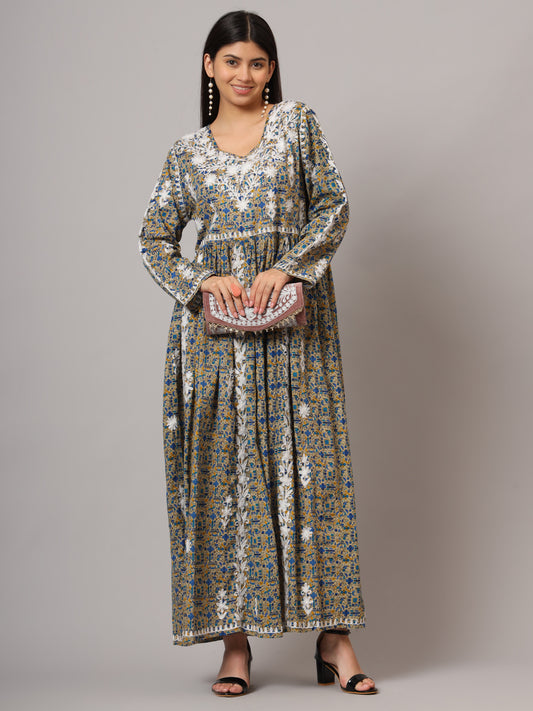 Hand Embroidered Lucknowi Chikankari  Printed Mulmul Cotton Jalabiya-AL3936 Beige & Blue