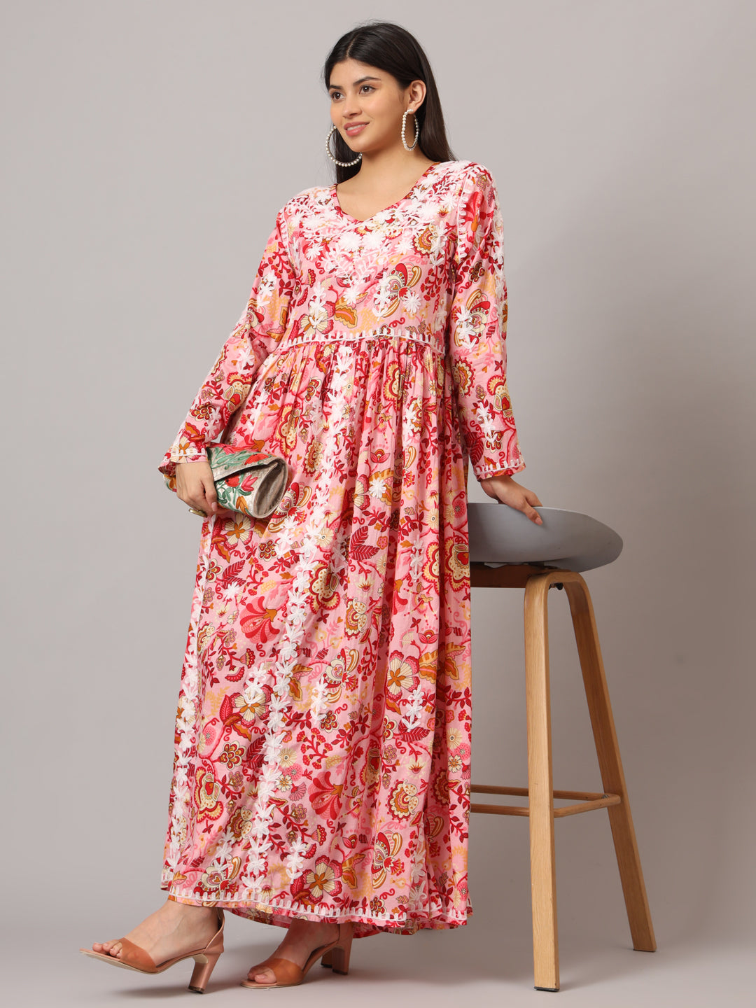 Hand Embroidered Lucknowi Chikankari  Printed Mulmul Cotton Jalabiya-AL3936