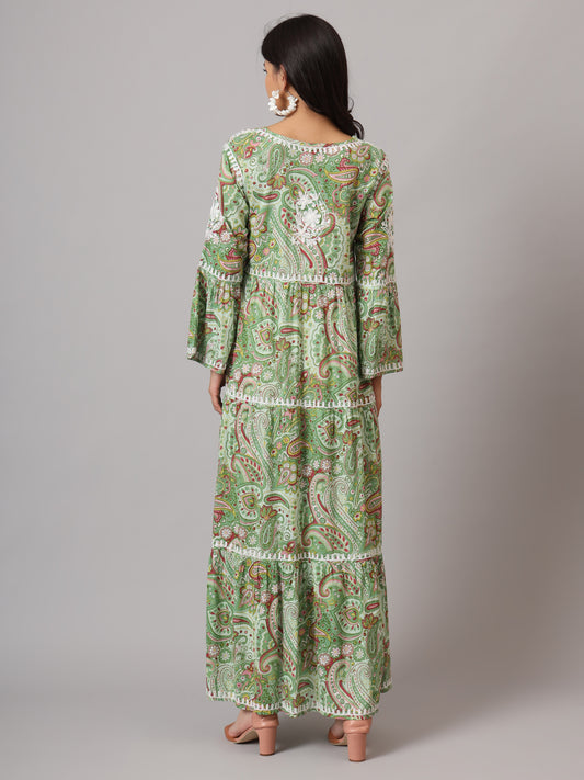 Hand Embroidered Chikankari A-Line Gathering Pattern Mulmul Cotton Jalabiya-AL3673 Green & Brown