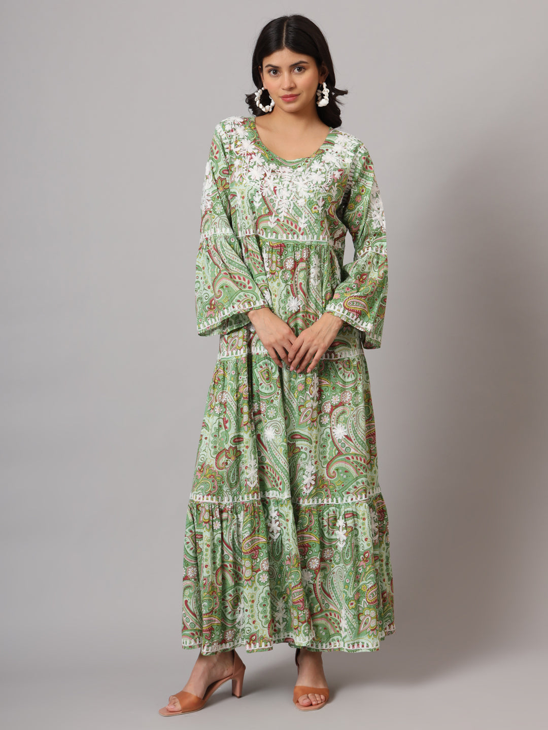 Hand Embroidered Chikankari A-Line Gathering Pattern Mulmul Cotton Jalabiya-AL3673