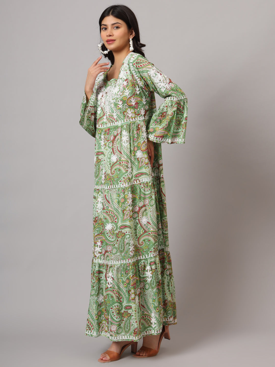 Hand Embroidered Chikankari A-Line Gathering Pattern Mulmul Cotton Jalabiya-AL3673 Green & Brown