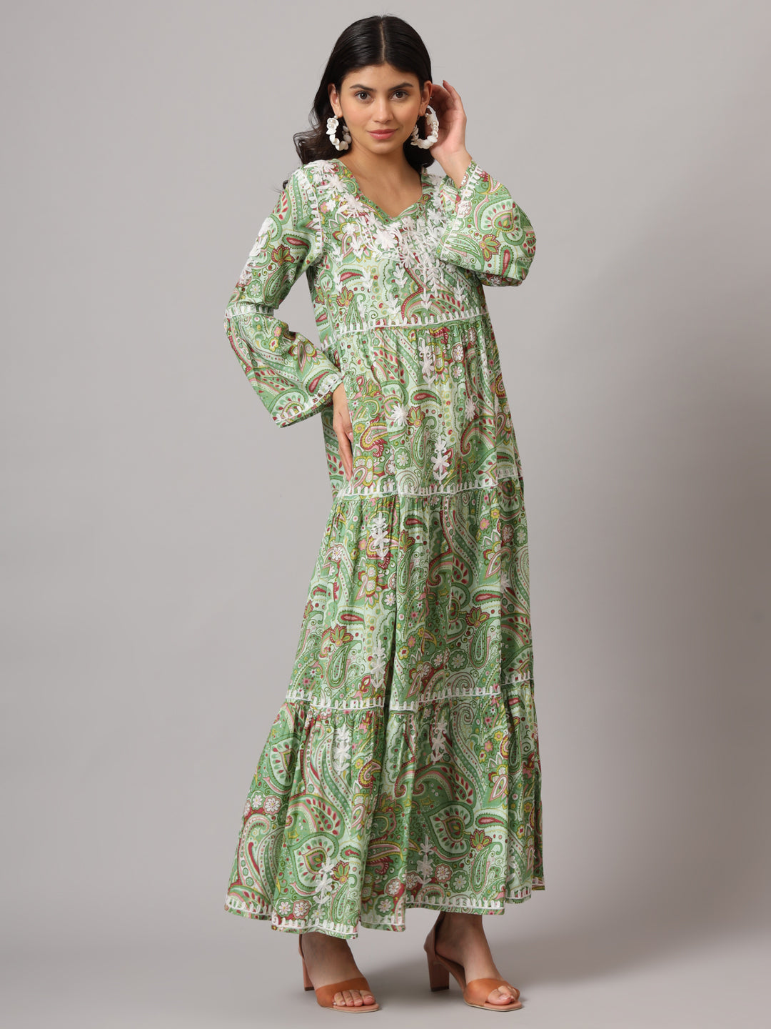 Hand Embroidered Chikankari A-Line Gathering Pattern Mulmul Cotton Jalabiya-AL3673 Green & Brown