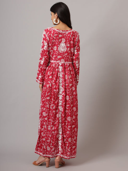Hand Embroidered Lucknowi Chikankari  Printed Mulmul Cotton Jalabiya-AL3936 Red