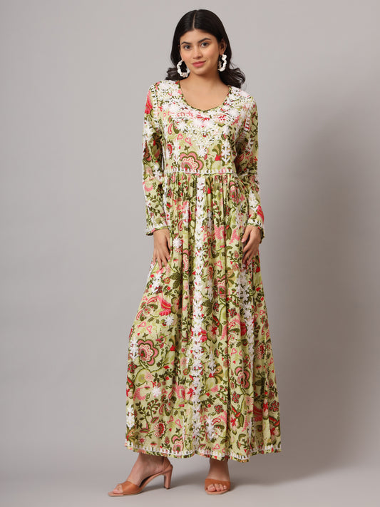 Hand Embroidered Lucknowi Chikankari  Printed Mulmul Cotton Jalabiya-AL3936 Green & Pink