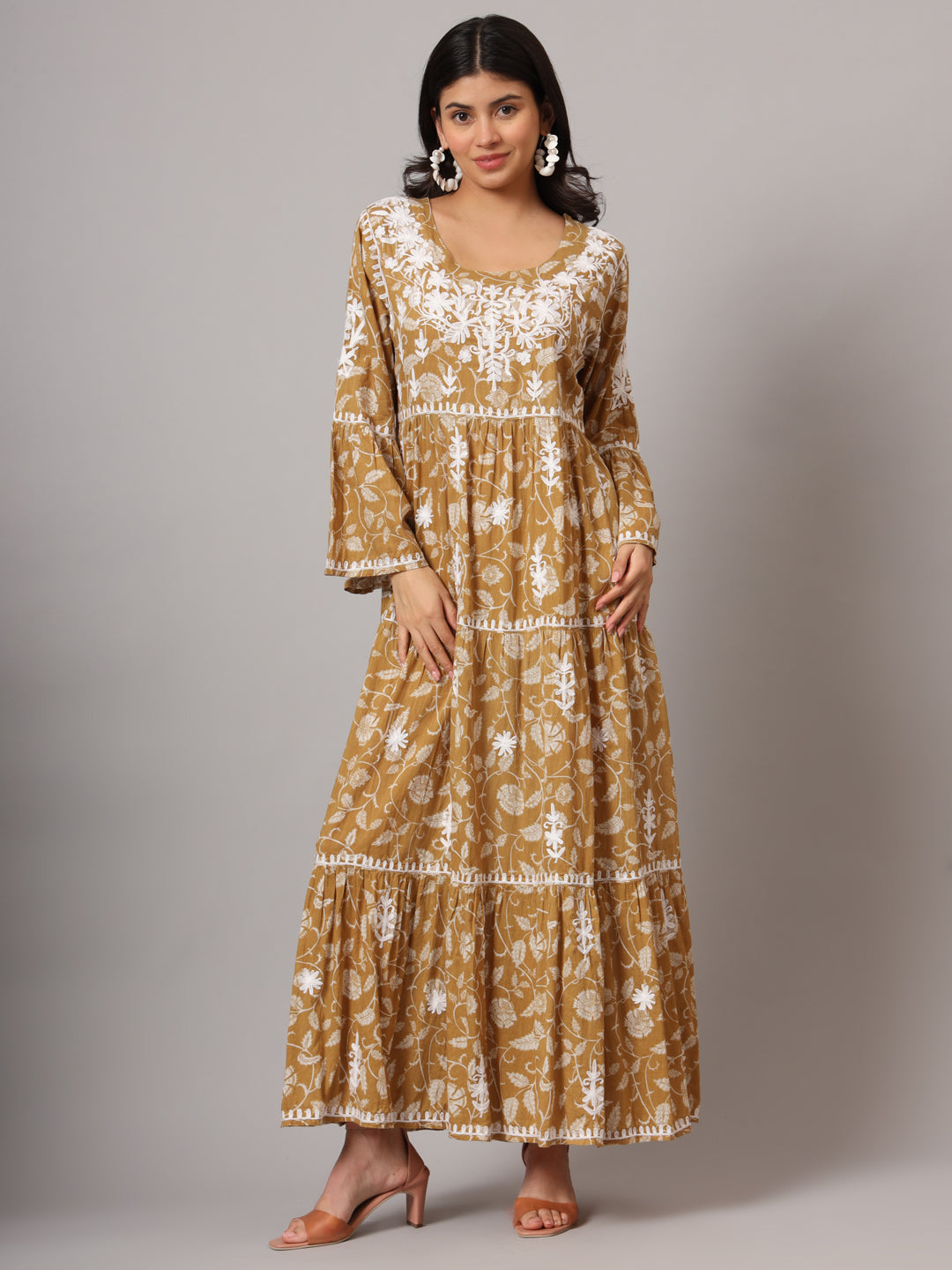 Hand Embroidered Chikankari A-Line Gathering Pattern Mulmul Cotton Jalabiya-AL3673