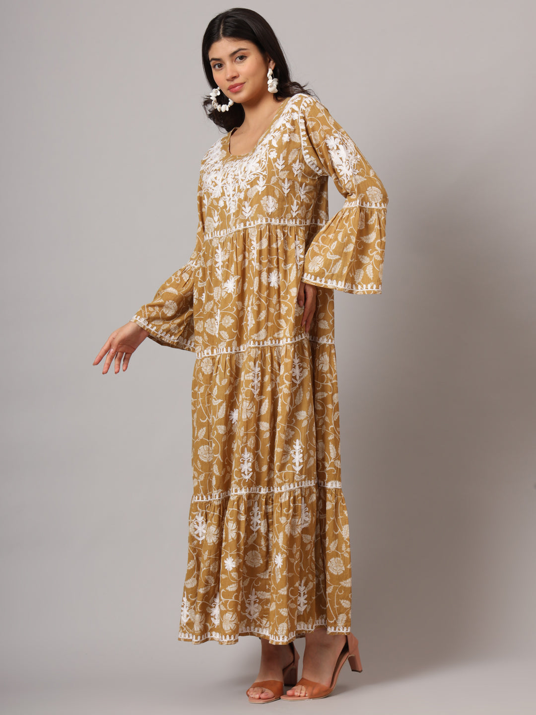 Hand Embroidered Chikankari A-Line Gathering Pattern Mulmul Cotton Jalabiya-AL3673
