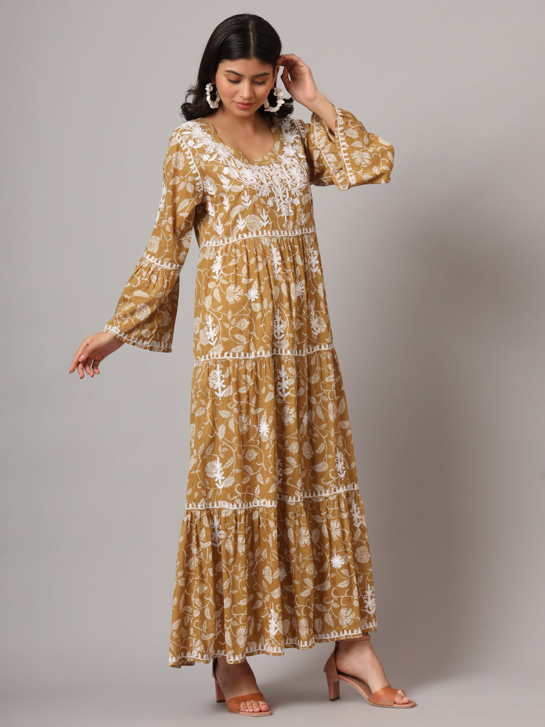 Hand Embroidered Chikankari A-Line Gathering Pattern Mulmul Cotton Jalabiya-AL3673