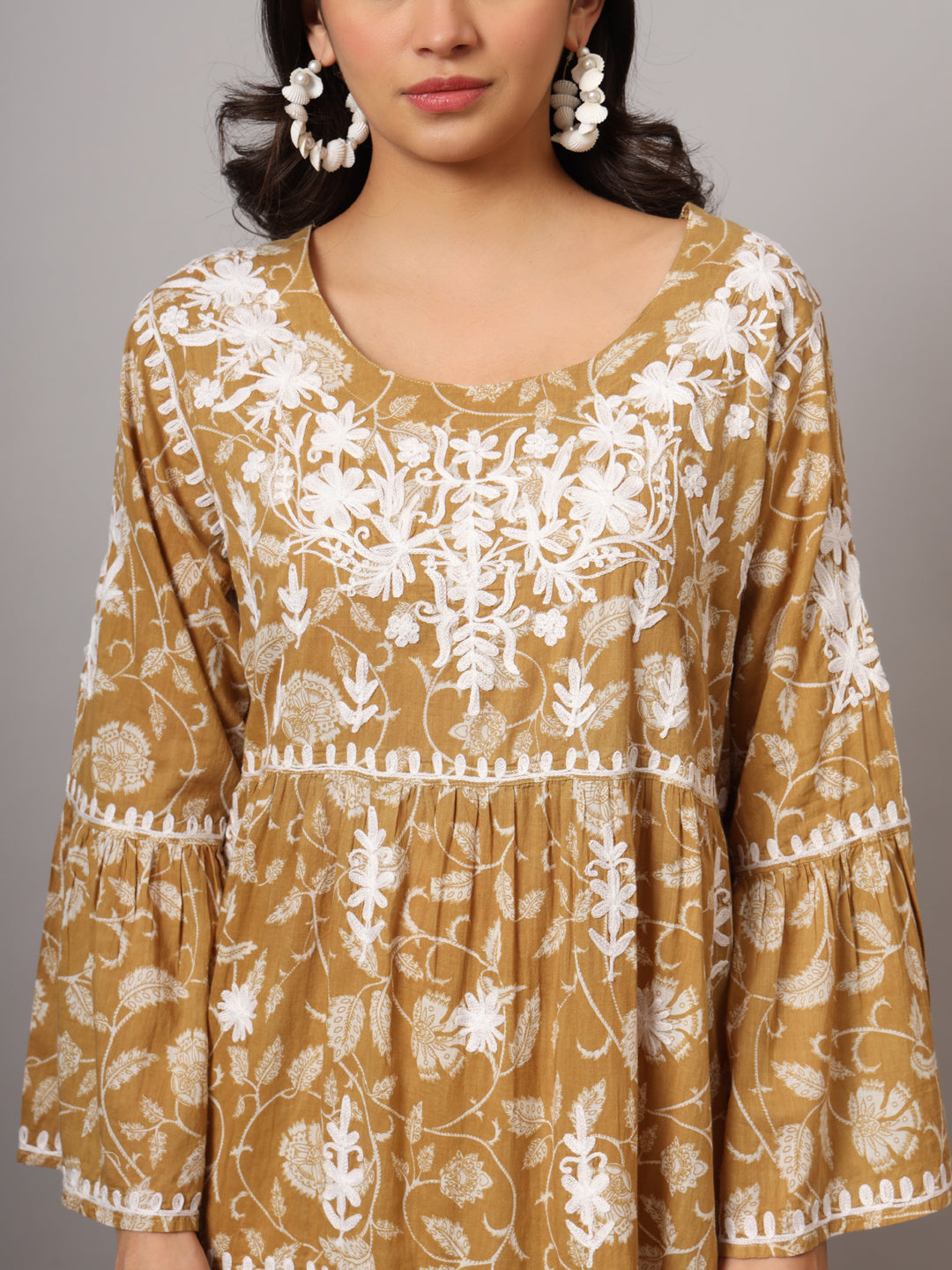 Hand Embroidered Chikankari A-Line Gathering Pattern Mulmul Cotton Jalabiya-AL3673