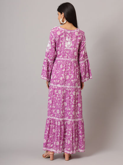 Hand Embroidered Chikankari A-Line Gathering Pattern Mulmul Cotton Jalabiya-AL3673