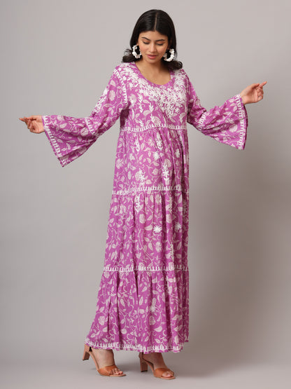 Hand Embroidered Chikankari A-Line Gathering Pattern Mulmul Cotton Jalabiya-AL3673