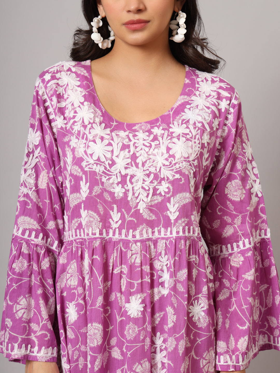 Hand Embroidered Chikankari A-Line Gathering Pattern Mulmul Cotton Jalabiya-AL3673