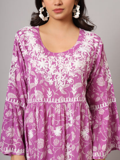Hand Embroidered Chikankari A-Line Gathering Pattern Mulmul Cotton Jalabiya-AL3673