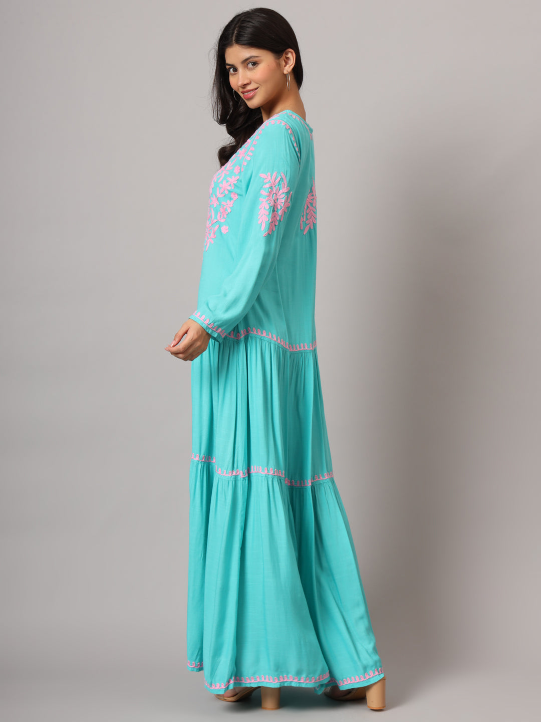 Hand Embroidered Lucknowi Chikankari  Cotton Jalabiya-AL3942 Seagreen