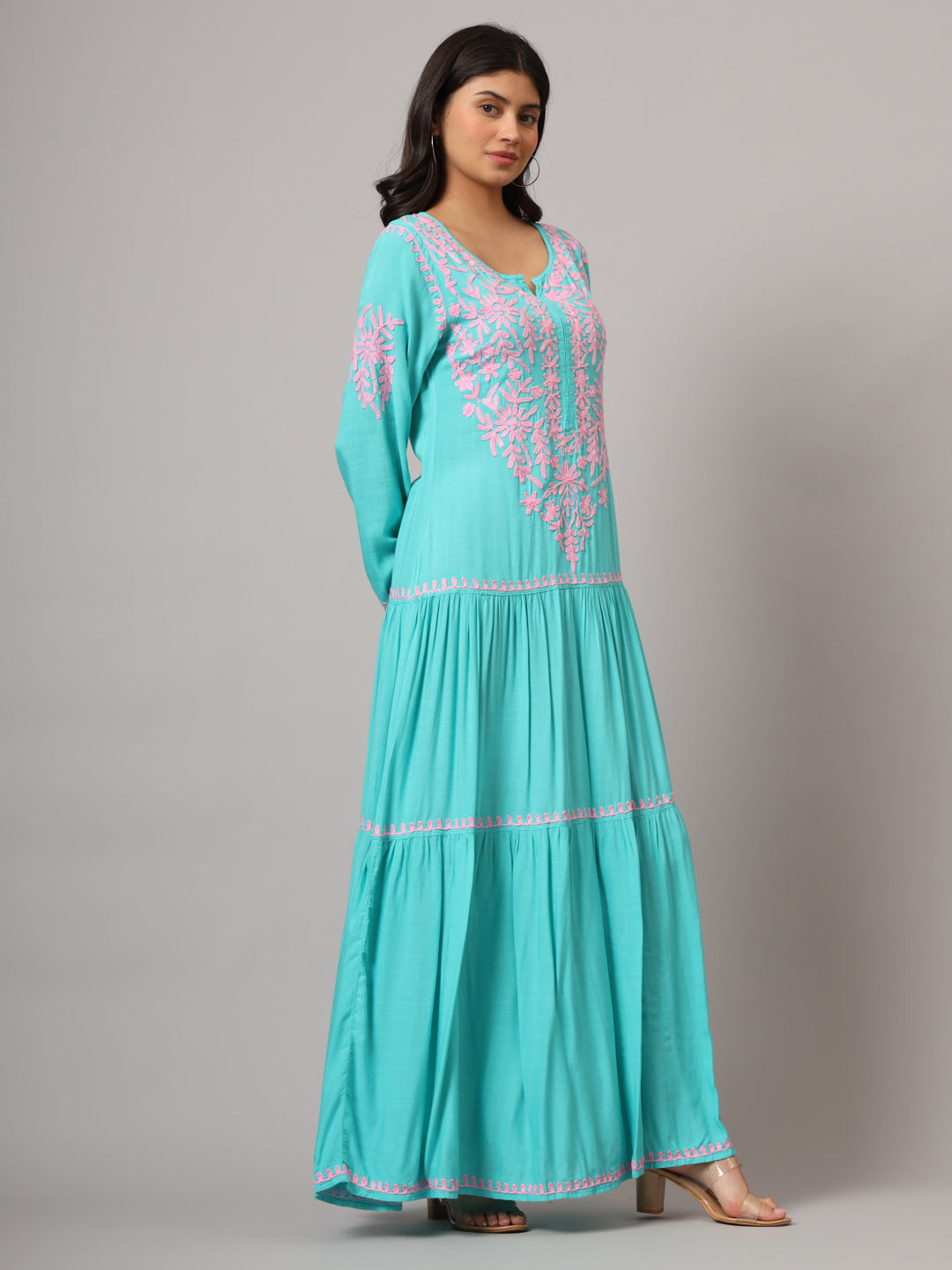 Hand Embroidered Lucknowi Chikankari  Cotton Jalabiya-AL3942 Seagreen