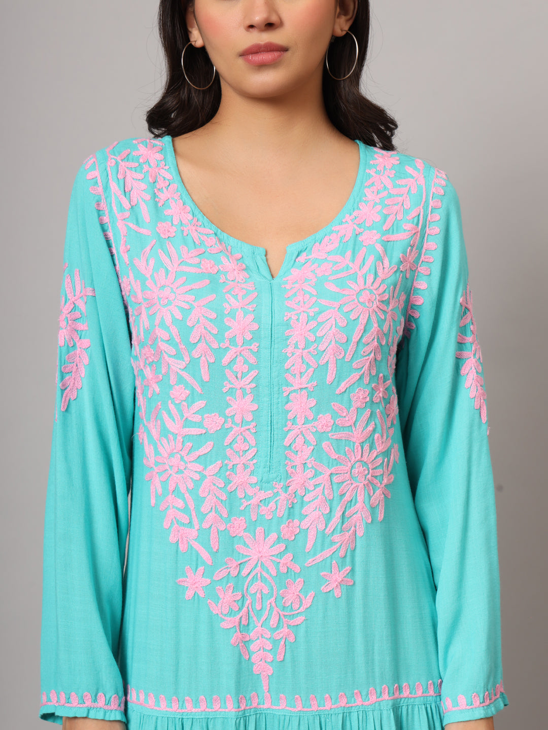 Hand Embroidered Lucknowi Chikankari  Cotton Jalabiya-AL3942 Seagreen