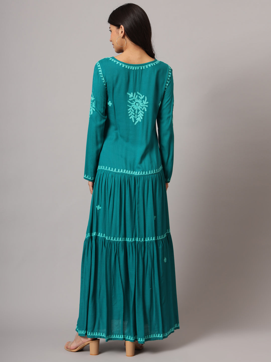 Hand Embroidered Lucknowi Chikankari  Cotton Jalabiya-AL3942 Ramagreen