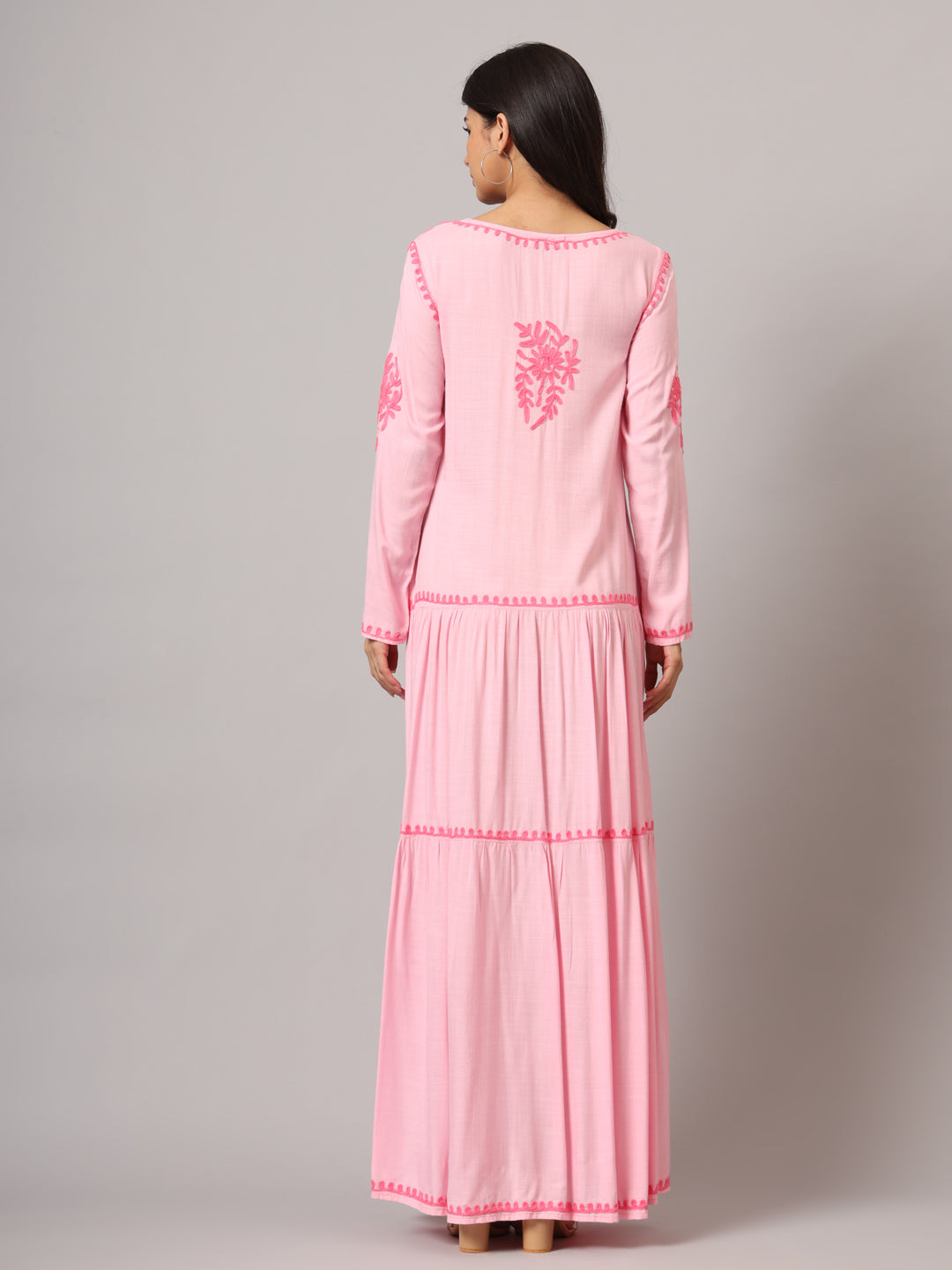 Hand Embroidered Lucknowi Chikankari  Cotton Jalabiya-AL3942 Pink