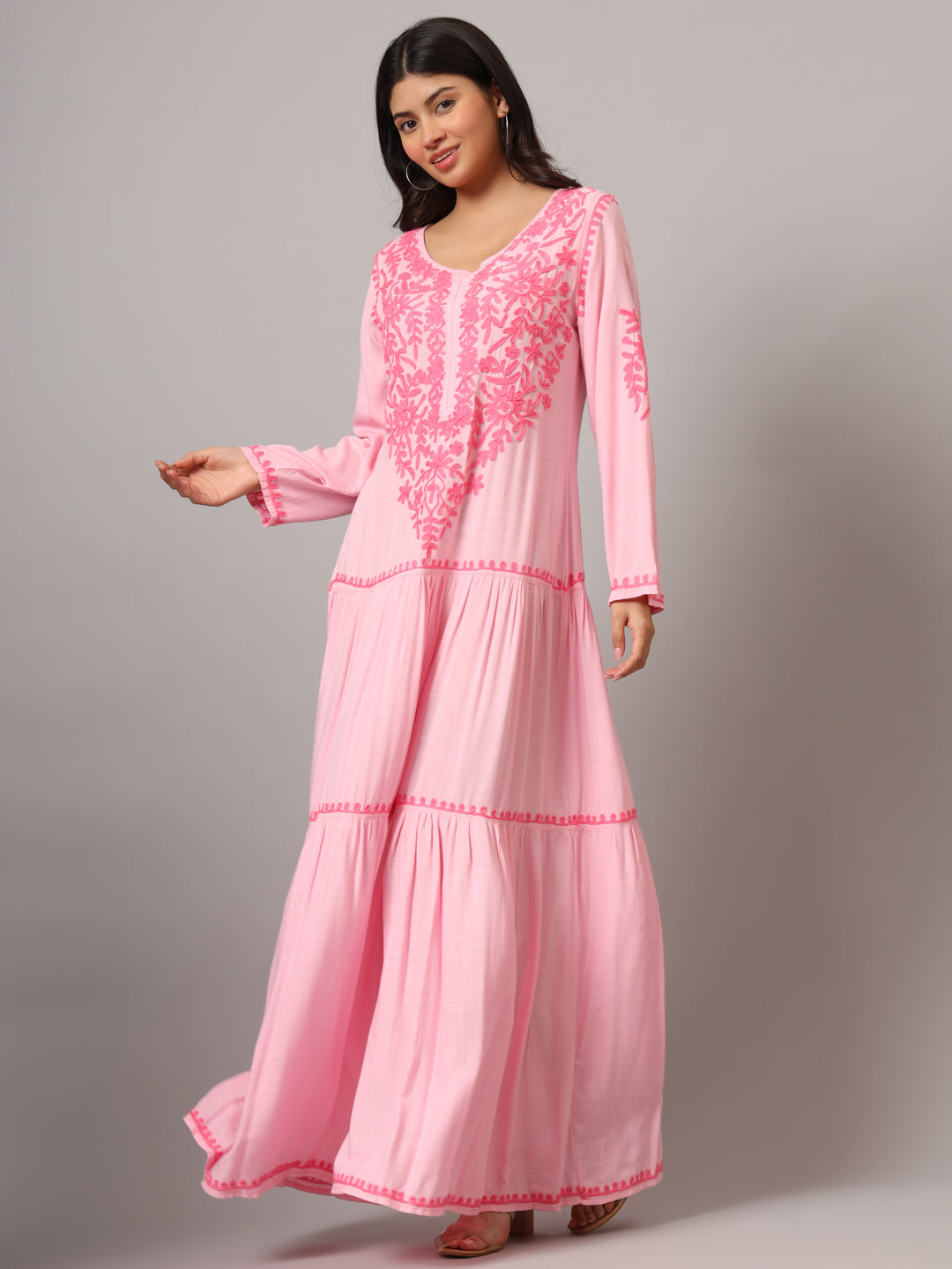 Hand Embroidered Lucknowi Chikankari  Cotton Jalabiya-AL3942 Pink