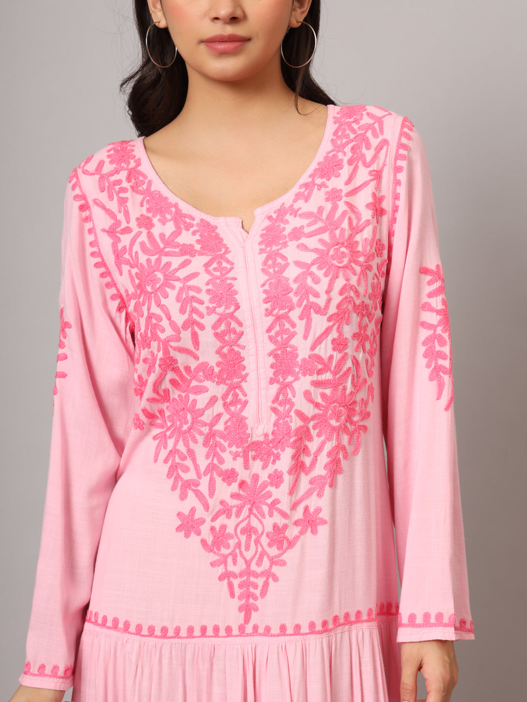 Hand Embroidered Lucknowi Chikankari  Cotton Jalabiya-AL3942 Pink