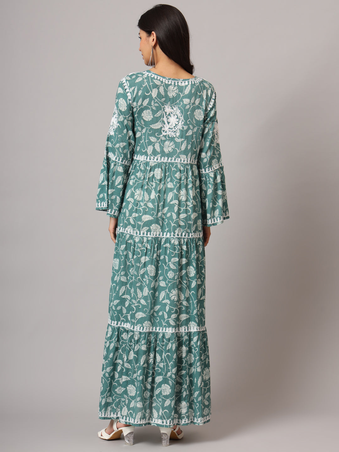 Hand Embroidered Chikankari A-Line Gathering Pattern Mulmul Cotton Jalabiya-AL3673
