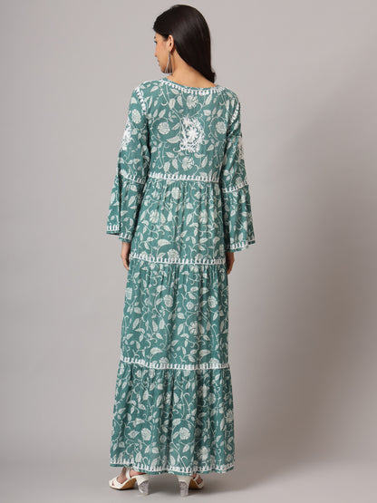 Hand Embroidered Chikankari A-Line Gathering Pattern Mulmul Cotton Jalabiya-AL3673