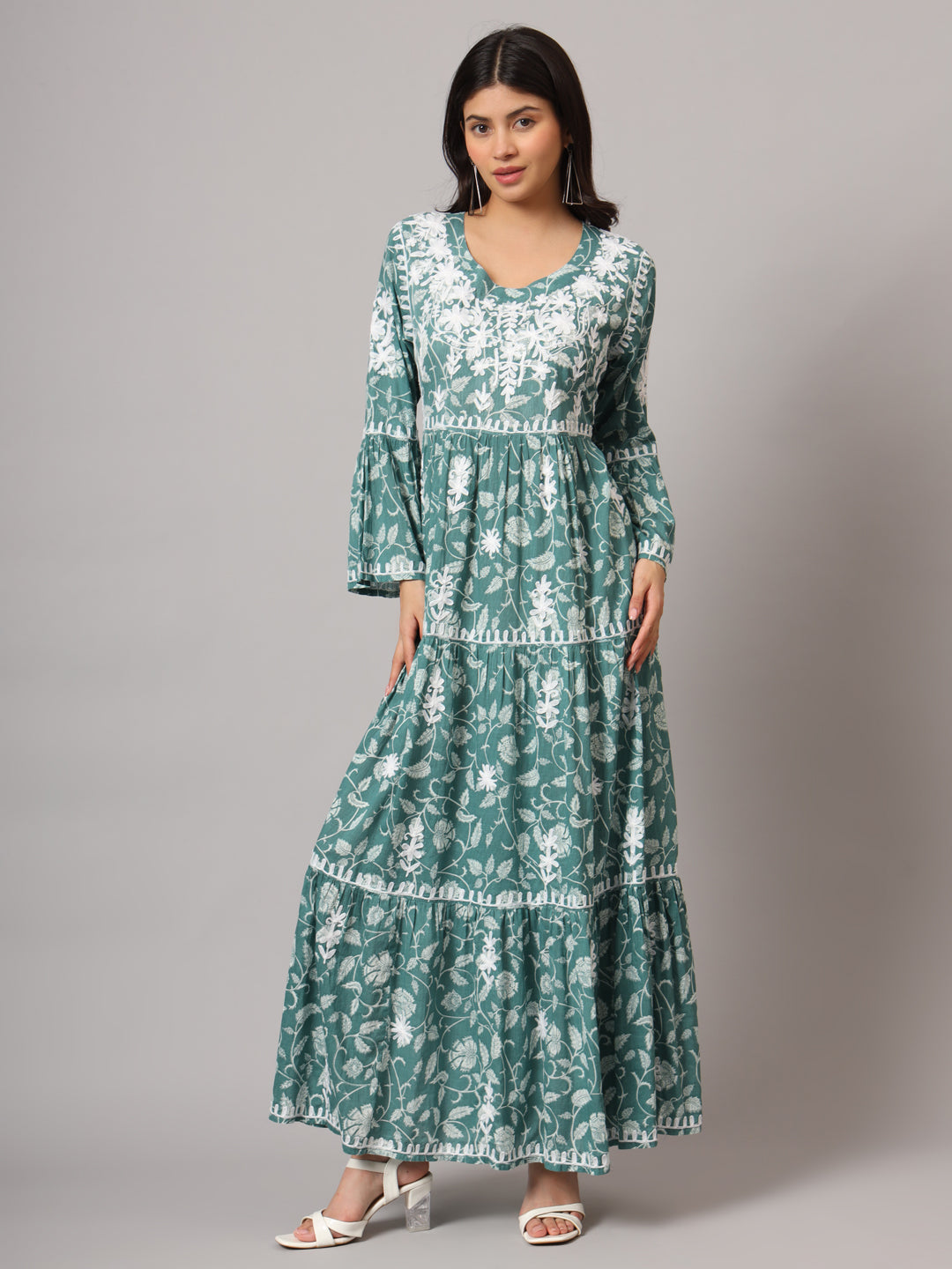 Hand Embroidered Chikankari A-Line Gathering Pattern Mulmul Cotton Jalabiya-AL3673